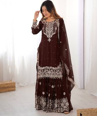 Brown faux georgette sharara set with heavy embroidery detailing 5