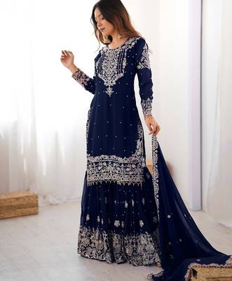 Navy blue faux georgette sharara set with heavy embroidery detailing 3