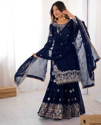 Navy blue faux georgette sharara set with heavy embroidery detailing 4