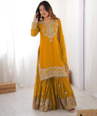 Mustard faux georgette sharara set with heavy embroidery detailing 5