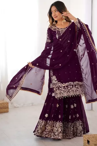 Wine faux georgette sharara set with heavy embroidery detailing