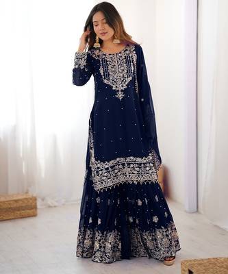 Navy blue faux georgette sharara set with heavy embroidery detailing 5