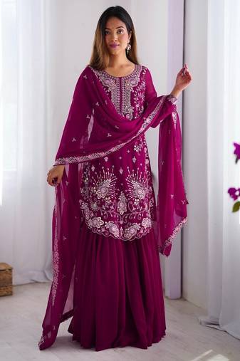 Graceful pink faux georgette sharara set with thread & sequin embroidery