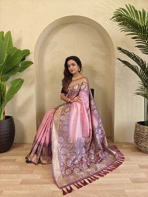 Pink Silk Blend sarees with zari weaves contrast pallu & designer border 1