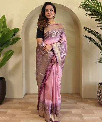 Pink Silk Blend sarees with zari weaves contrast pallu & designer border 3