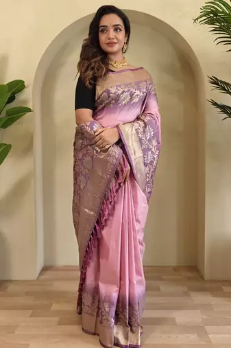 Pink Silk Blend sarees with zari weaves contrast pallu & designer border