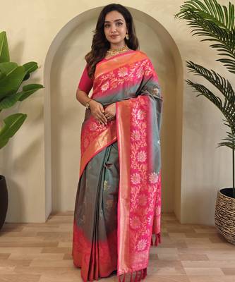 Grey Silk Blend sarees with zari weaves contrast pallu & designer border 1