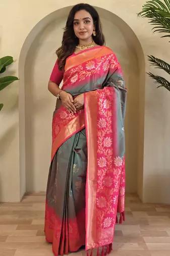 Grey Silk Blend  sarees with zari weaves contrast pallu & designer border