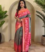 Grey Silk Blend  sarees with zari weaves contrast pallu & designer border