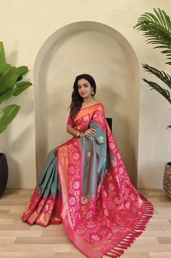 Grey Silk Blend sarees with zari weaves contrast pallu & designer border