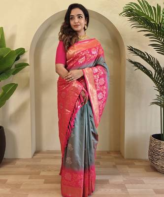Grey Silk Blend sarees with zari weaves contrast pallu & designer border 4