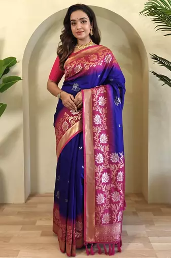 Violet Silk Blend  sarees with zari weaves contrast pallu & designer border