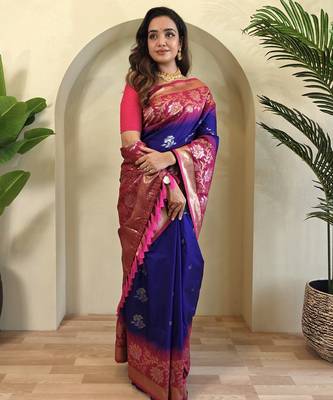 Violet Silk Blend sarees with zari weaves contrast pallu & designer border 3
