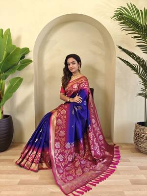 Violet Silk Blend sarees with zari weaves contrast pallu & designer border 4