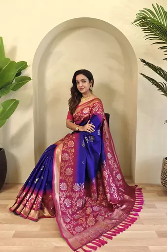 Violet Silk Blend sarees with zari weaves contrast pallu & designer border