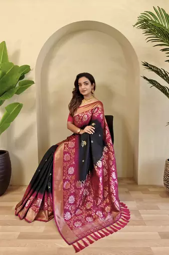 Black Silk Blend  sarees with zari weaves contrast pallu & designer border