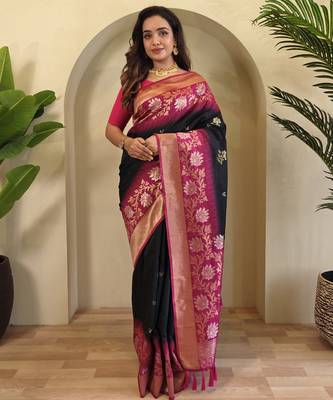 Black Silk Blend sarees with zari weaves contrast pallu & designer border 3