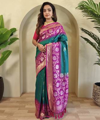 Teal Silk Blend sarees with zari weaves contrast pallu & designer border 1
