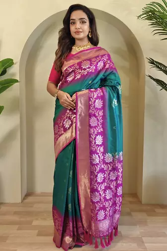 Teal Silk Blend  sarees with zari weaves contrast pallu & designer border