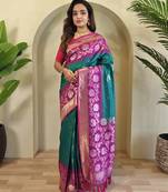 Teal Silk Blend  sarees with zari weaves contrast pallu & designer border