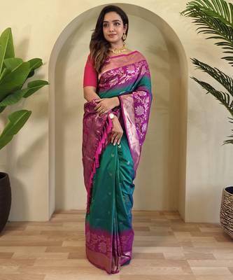 Teal Silk Blend sarees with zari weaves contrast pallu & designer border 3