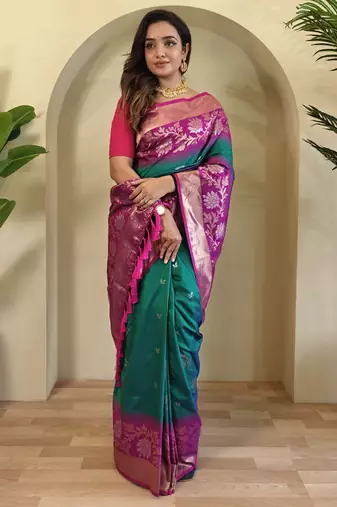 Teal Silk Blend sarees with zari weaves contrast pallu & designer border