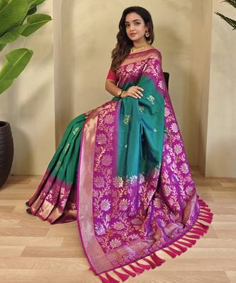Teal Silk Blend sarees with zari weaves contrast pallu & designer border 4