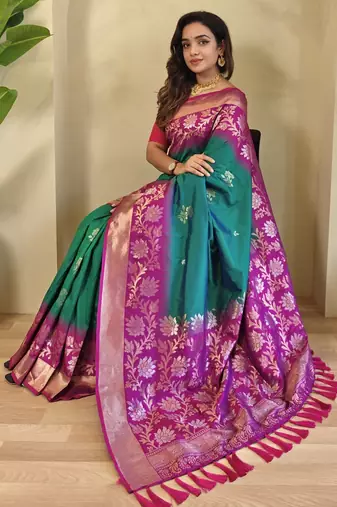 Teal Silk Blend sarees with zari weaves contrast pallu & designer border
