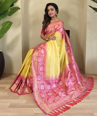 Yellow Silk Blend sarees with zari weaves contrast pallu & designer border 1