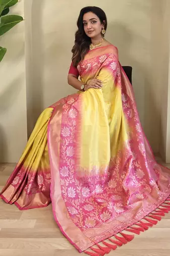 Yellow Silk Blend  sarees with zari weaves contrast pallu & designer border