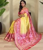 Yellow Silk Blend  sarees with zari weaves contrast pallu & designer border