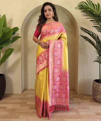 Yellow Silk Blend sarees with zari weaves contrast pallu & designer border 3