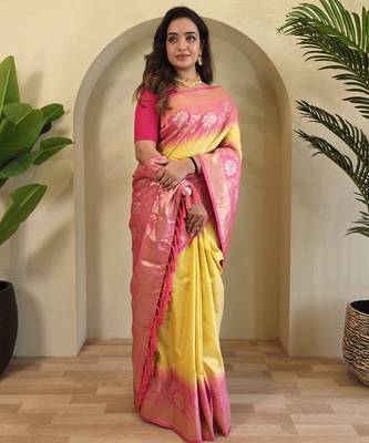 Yellow Silk Blend sarees with zari weaves contrast pallu & designer border 4