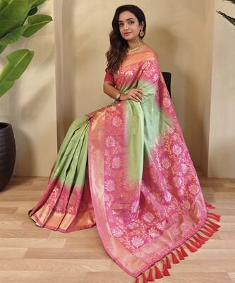 Light green Silk Blend sarees with zari weaves contrast pallu & designer border 1