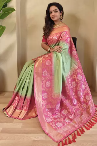 Light green Silk Blend  sarees with zari weaves contrast pallu & designer border