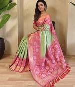 Light green Silk Blend  sarees with zari weaves contrast pallu & designer border