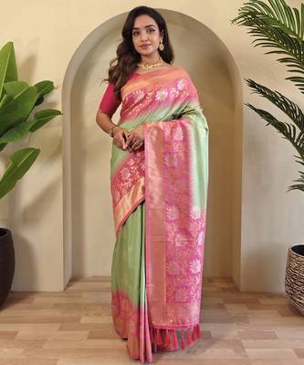 Light green Silk Blend sarees with zari weaves contrast pallu & designer border 3