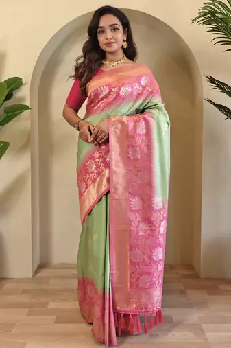 Light green Silk Blend sarees with zari weaves contrast pallu & designer border
