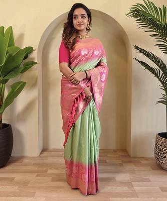 Light green Silk Blend sarees with zari weaves contrast pallu & designer border 4
