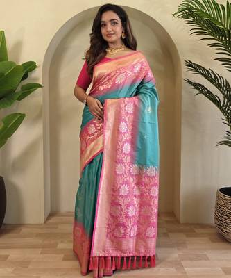 Sea green Silk Blend sarees with zari weaves contrast pallu & designer border 1