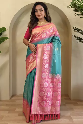 Sea green Silk Blend  sarees with zari weaves contrast pallu & designer border