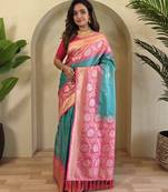Sea green Silk Blend  sarees with zari weaves contrast pallu & designer border