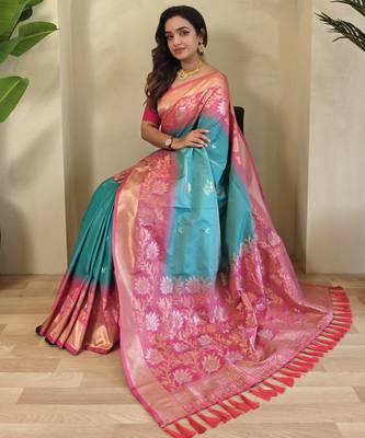 Sea green Silk Blend sarees with zari weaves contrast pallu & designer border 4