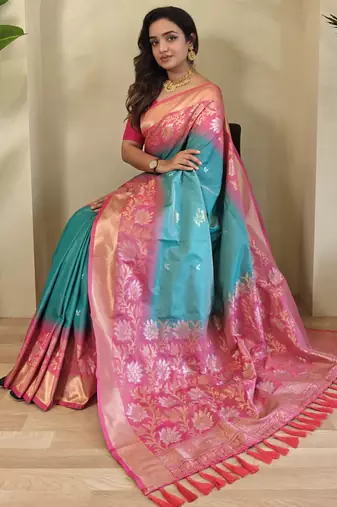 Sea green Silk Blend sarees with zari weaves contrast pallu & designer border