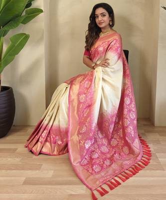 Off white Silk Blend sarees with zari weaves contrast pallu & designer border 1