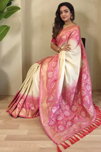 Off white Silk Blend  sarees with zari weaves contrast pallu & designer border