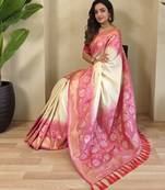 Off white Silk Blend  sarees with zari weaves contrast pallu & designer border
