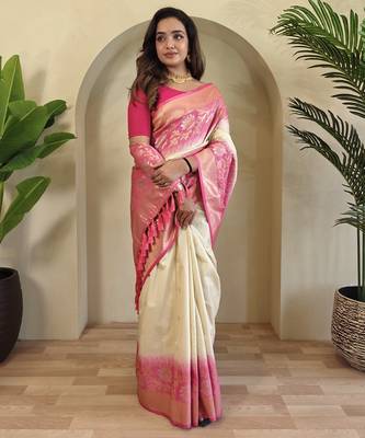 Off white Silk Blend sarees with zari weaves contrast pallu & designer border 4