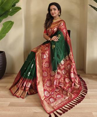 Green Silk Blend sarees with zari weaves contrast pallu & designer border 1