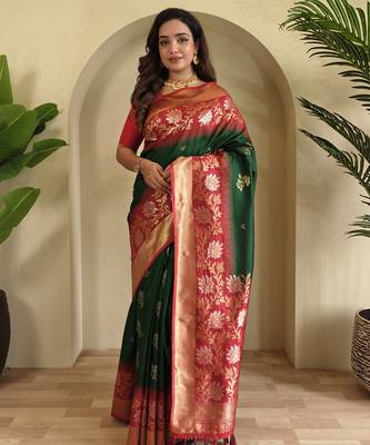 Green Silk Blend sarees with zari weaves contrast pallu & designer border 3